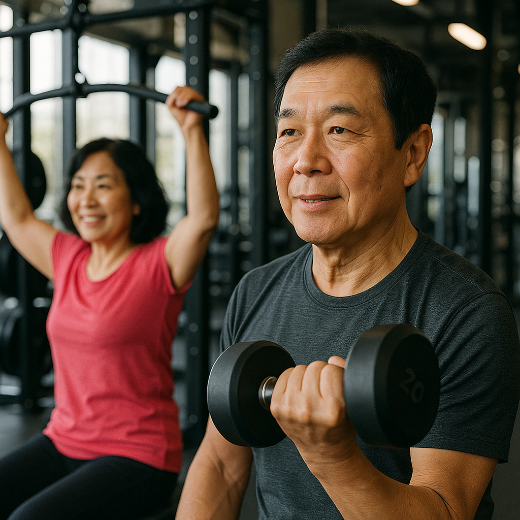 헬스장에서 운동 중인 60대 남성, 여성