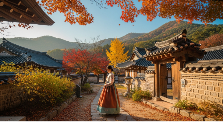 고즈넉한 한옥 마을에서 가을 단풍을 배경으로 전통 공예를 체험하거나 한복을 입은 사람이 걷는 대구경북의 전통 문화 풍경