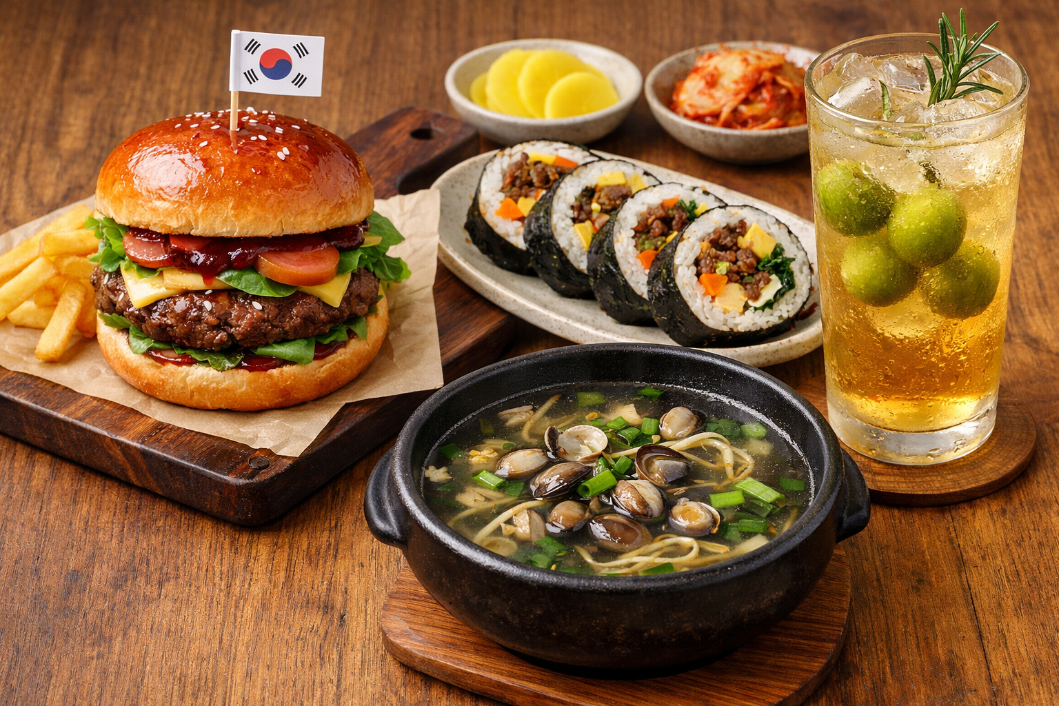 광양 매실 한우버거, 불고기 김밥, 재첩국, 매실 하이볼 광양 매화축제 광양 매화 마을