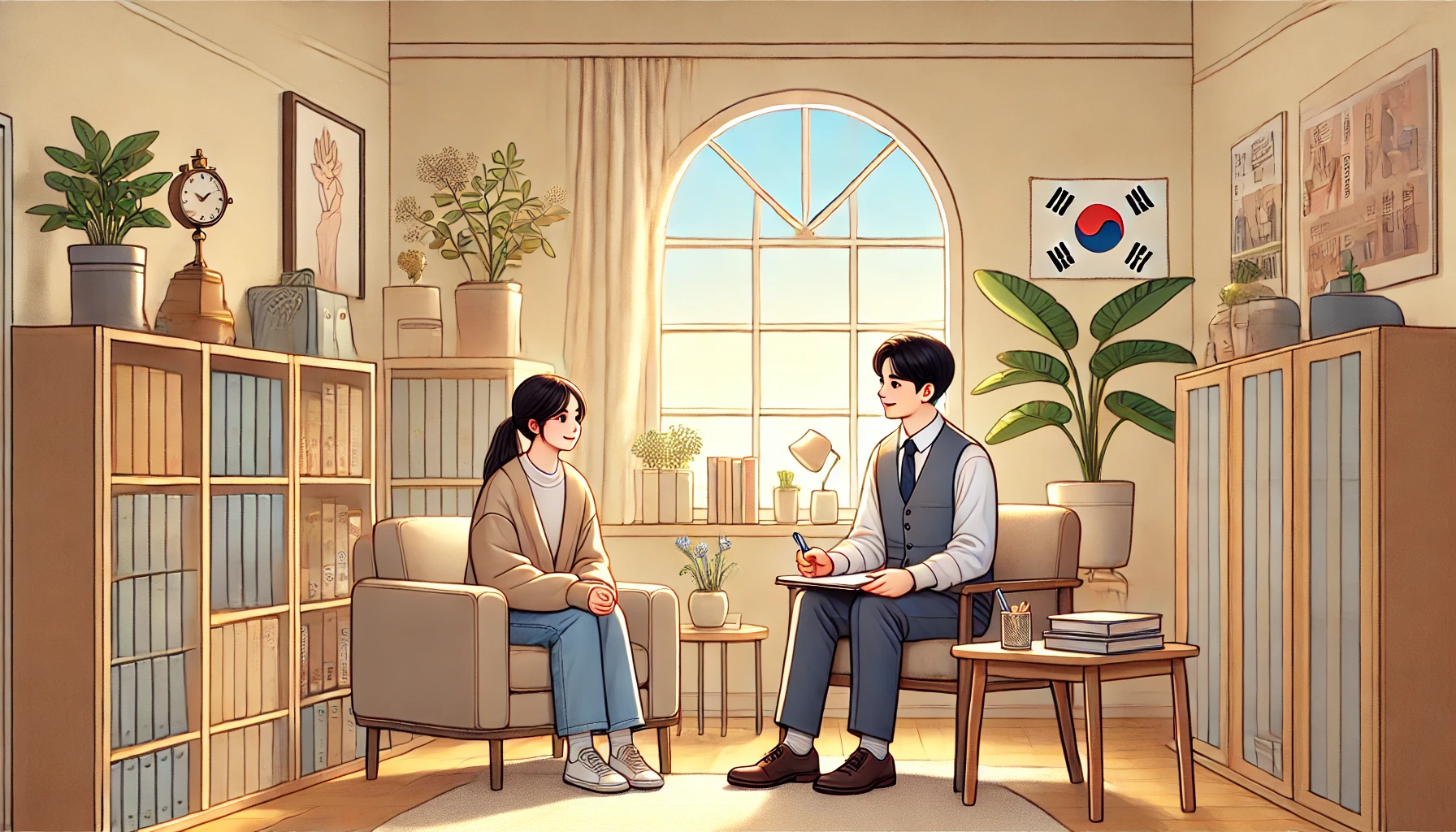 학생과 전문 상담사가 진지하게 대화하는 모습