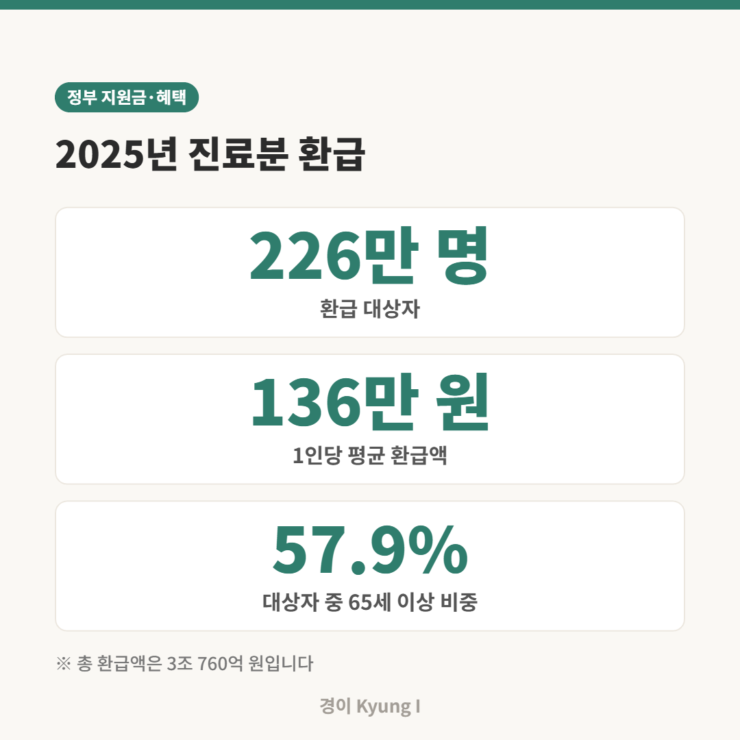 본인부담상한액 초과금 환급 대상자 수와 1인 평균 환급액, 65세 이상 비중을 정리한 카드