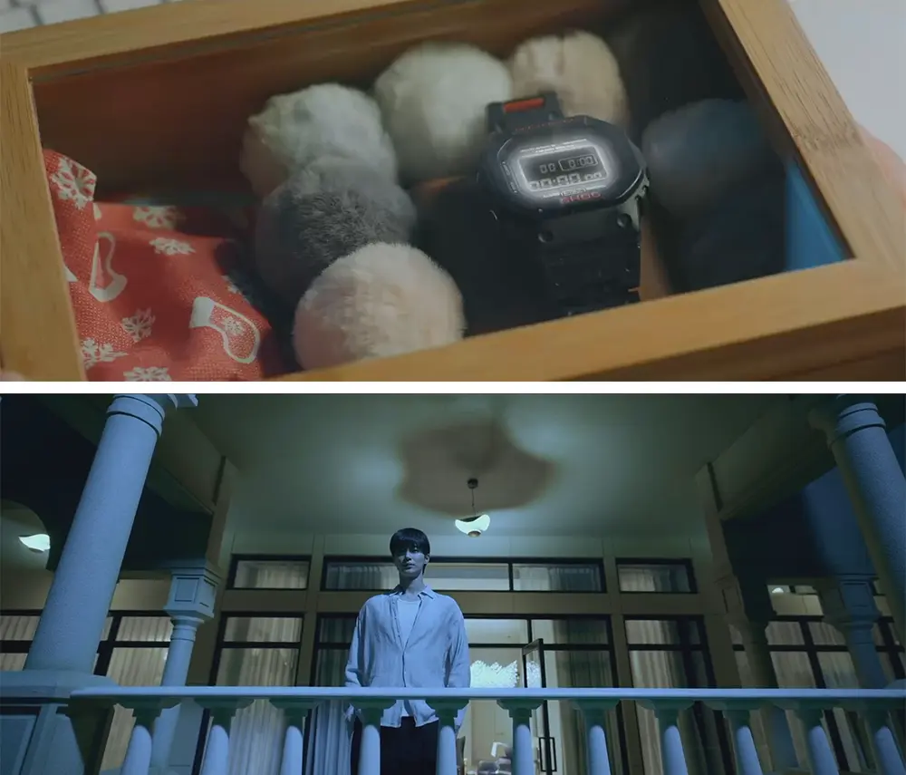 순간-번쩍이는-선재시계와-호텔-발코니에-위태롭게-서있는-선재