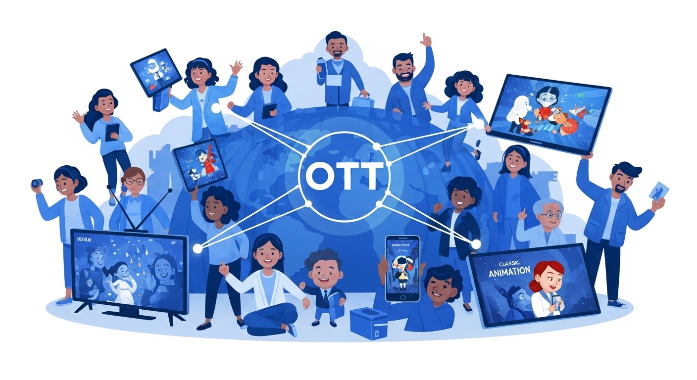 다양한 연령과 국적의 사람들이 각자의 기기로 넷플릭스 애니메이션을 즐기는 모습. OTT 플랫폼이 애니메이션을 통해 전 세계를 연결하는 보편적인 즐거움을 상징합니다.