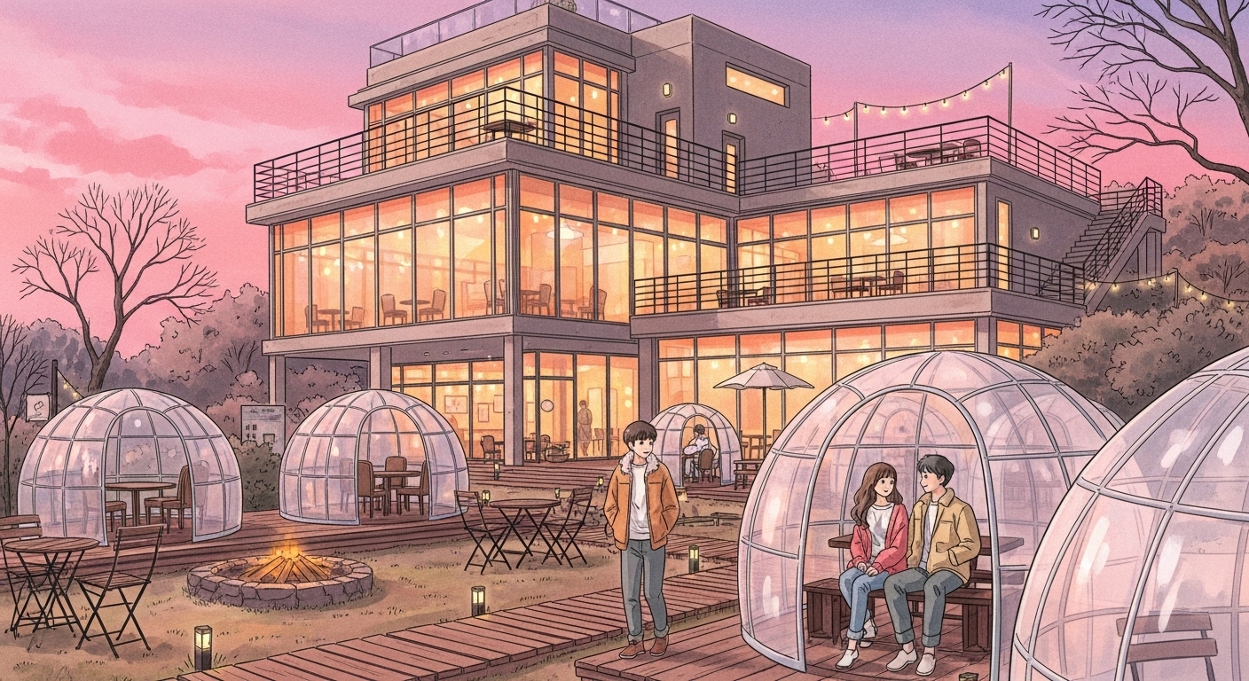 미사리 드로게리아 카페의 투명 돔 좌석에서 석양을 즐기는 30대 커플, 지브리 애니메이션 스타일 일러스트