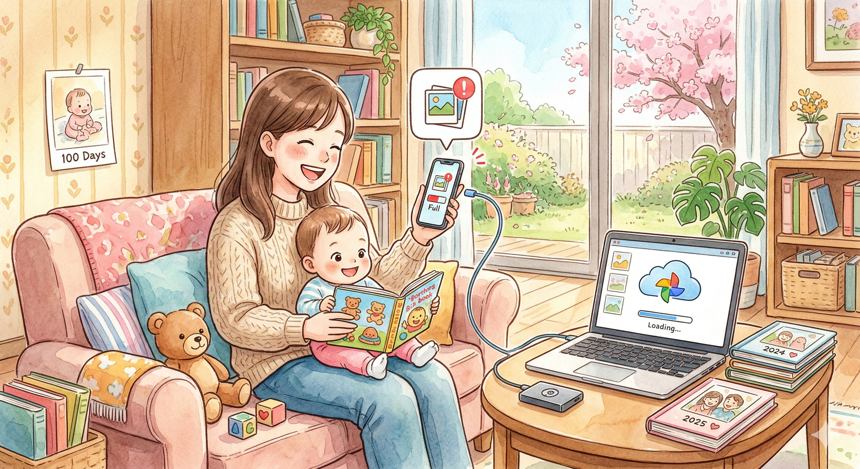 아기 사진으로 가득 찬 스마트폰 용량을 정리하기 위해 클라우드와 외장하드에 백업하며 미소 짓는 엄마와 아이의 수채화 삽화