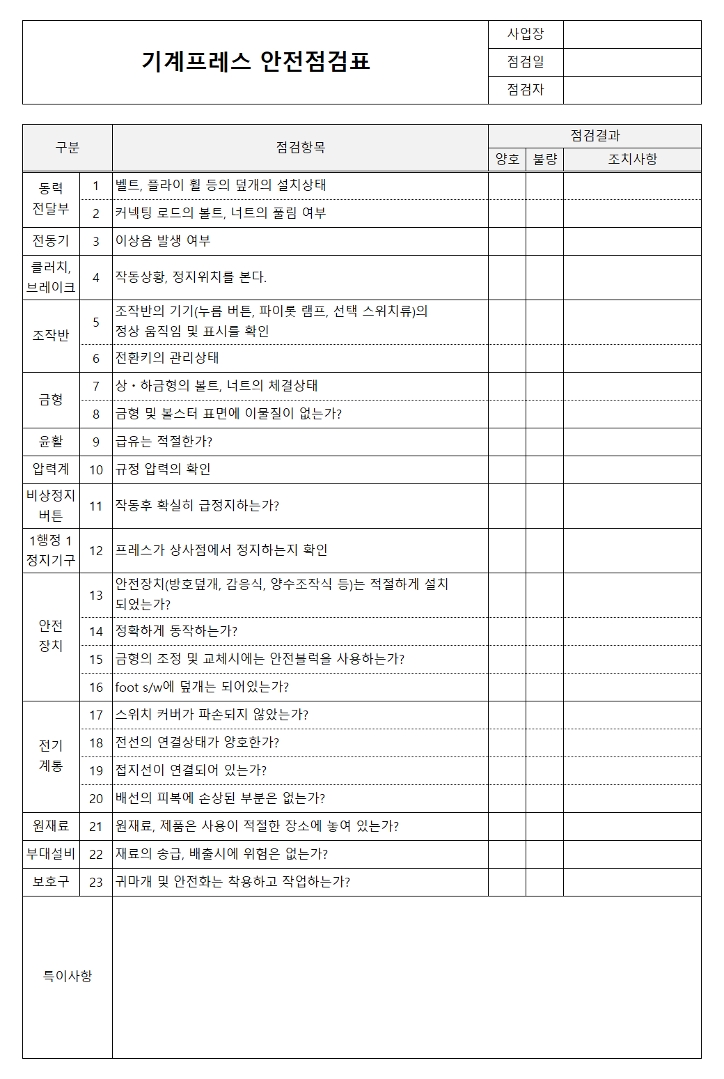 기계프레스 안전점검표