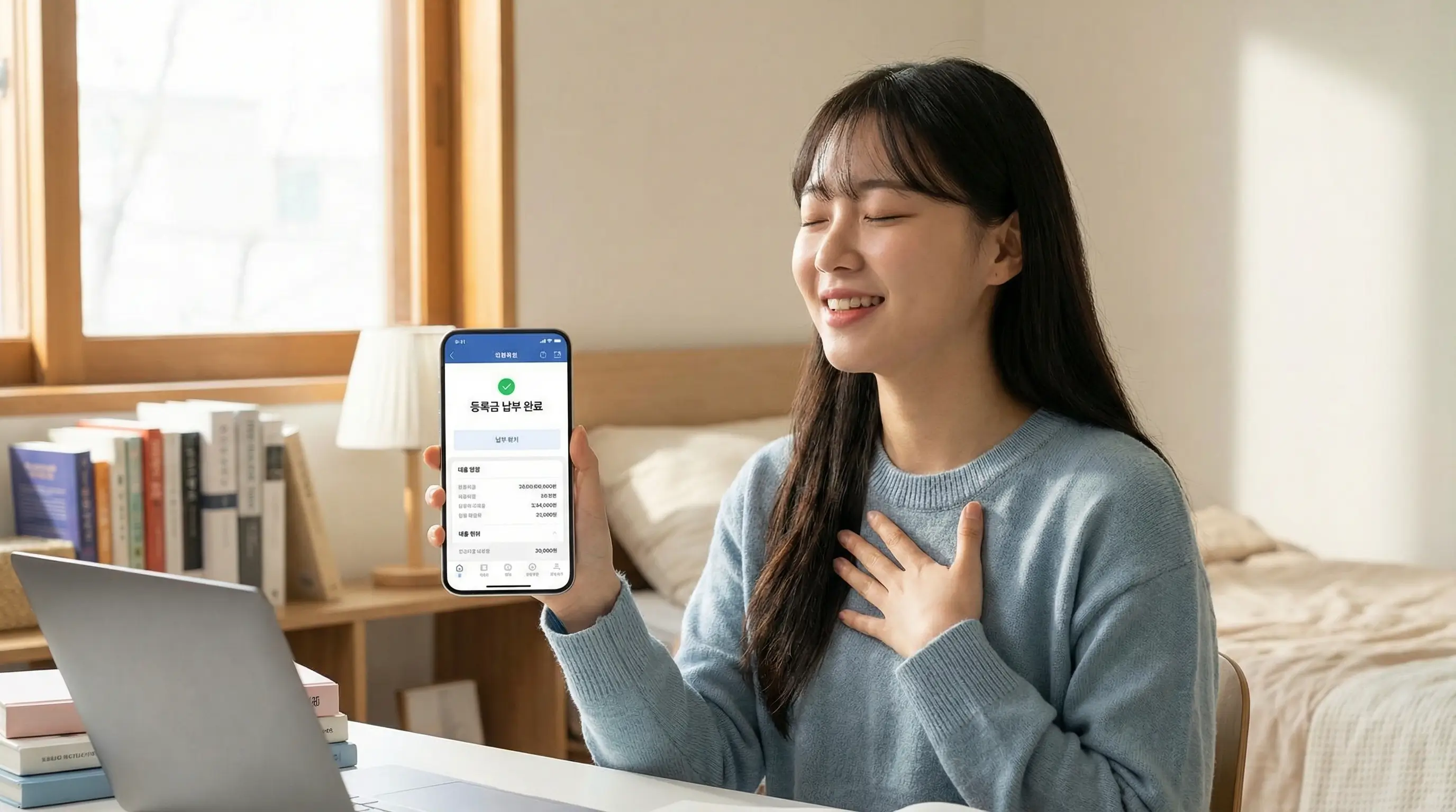 스마트폰으로 학자금 대출 실행 버튼을 누르고 등록금 납부 완료 메시지를 확인하며 안도하는 학생의 모습