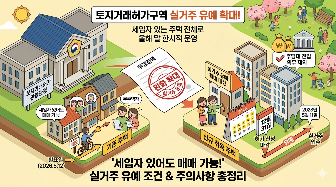 토지거래허가구역 내 실거주 의무 유예 확대를 설명하는 인포그래픽 스타일의 블로그 썸네일 이미지. 

상단에는 '토지거래허가구역 실거주 유예 확대! 세입자 있는 주택 전체로 올해 말 한시적 운영'이라는 타이틀이 적혀 있습니다. 왼쪽에는 정부 공공기관 건물(토지거래허가 관할관청) 일러스트가 있고, 그 아래로 매도자가 '세입자 있어도 매매 가능!'이라는 말풍선과 함께 기존 주택을 무주택자 매수자에게 매도하는 과정이 그려져 있습니다. 

중앙에는 '완화 확대 실거주 유예'라는 붉은색 도장이 찍힌 정부 정책 서류가 보이며, 오른쪽에는 신규 취득 주택으로 이주하는 과정이 나타나 있습니다. 신규 취득 주택 구역에는 '2026년 12월 31일 허가 신청 마감'을 알리는 달력 일러스트와 '2028년 5월 11일 실거주 입주 마지노선'을 뜻하는 화살표 타임라인이 표시되어 있습니다. 또한 우측 상단에는 은행 건물과 함께 '주담대 전입 의무 제외'라는 체크포인트가 명시되어 있으며, 하단 중앙에는 큰 글씨로 '"세입자 있어도 매매 가능!" 실거주 유예 조건 &amp; 주의사항 총정리'라는 실전용 추천 제목 문구가 강조되어 있습니다. 전체적으로 아기자기하고 직관적인 3D 입체 다이어그램 일러스트 형식입니다.