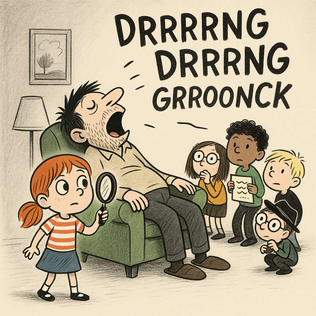 아빠가 코를 골고 있고, 아이들이 신기하게 관찰하고 있는 모습의 그림입니다.