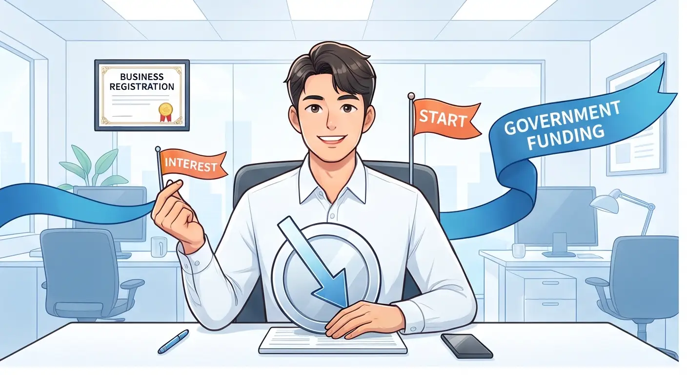 사업자 등록증이 걸린 사무실 책상에 앉아 금리 인하(LOW INTEREST)와 정부 지원금(GOVERNMENT FUNDING) 팻말을 배경으로 미소 짓는 남성 대표