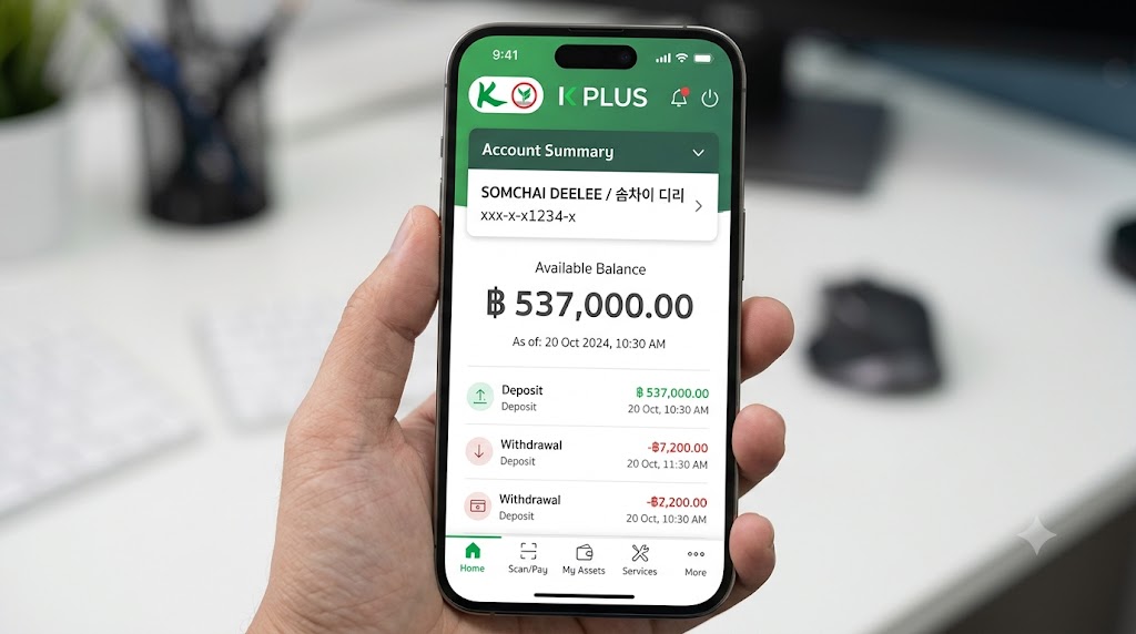스마트폰 화면에 카시콘 뱅크 케이플러스(K PLUS) 어플이 실행되어 있으며, 사용 가능한 계좌 잔액이 537,000 바트로 명확하게 표시된 재정 증명 참고용 이미지