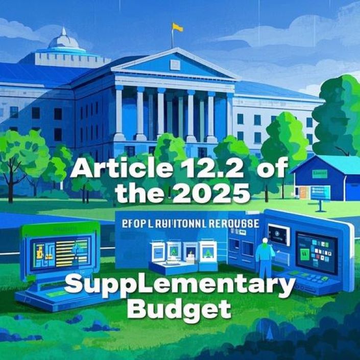 현대적인 정부청사 배경에 &lsquo;2025년 추경 12.2조&rsquo; 텍스트와 소상공인, GPU, 산불 복구 아이콘이 조화롭게 표시된 이미지. 밝은 파란색과 초록색 톤으로 경제 회복과 희망 강조