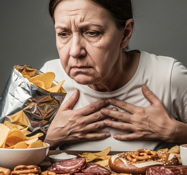 '숨 쉬는 독'이라는 강렬한 표현으로 나트륨의 위험성을 강조하고, '늙고 병든다'는 직접적인 결과를 제시해 경각심을 높입니다. '짠맛 중독'이라는 흔한 문제와 해결법을 제시해 공감을 이끌어냅니다.