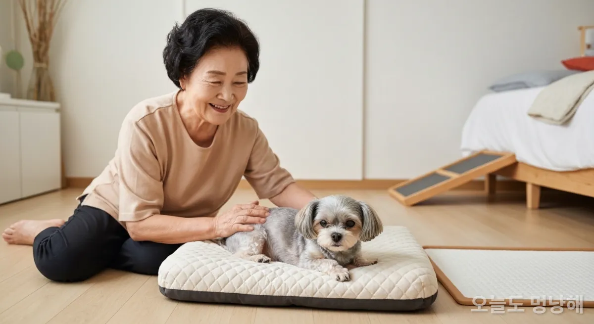 노령견을 부드럽게 쓰다듬어주는 한국인 할머니의 따뜻한 손길