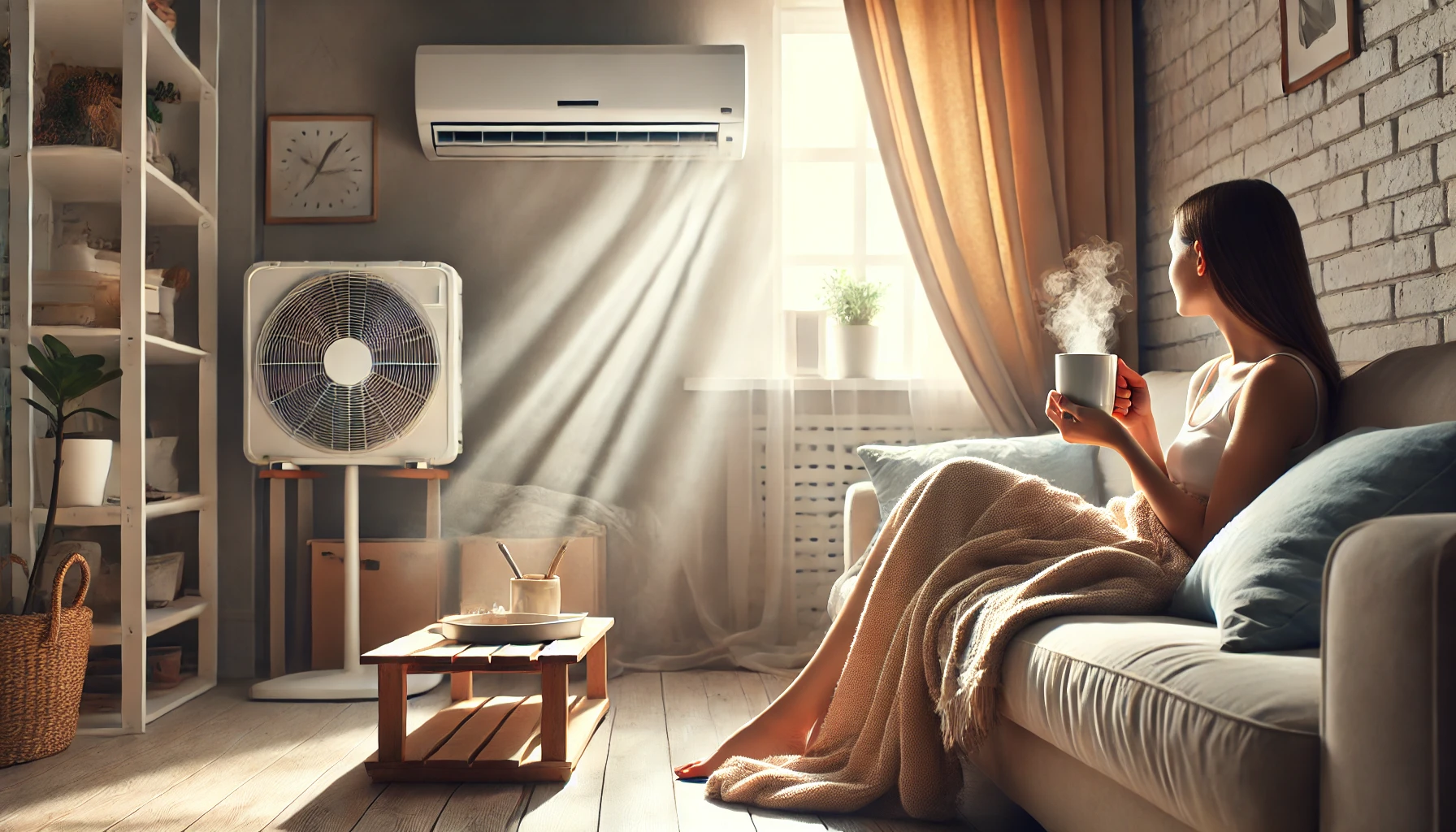 여름철 실내 거실. 에어컨이 회전 모드로 작동중이고 한 사람이 무릎 담요를 덮고 차를 마시고 앉아 있는 모습