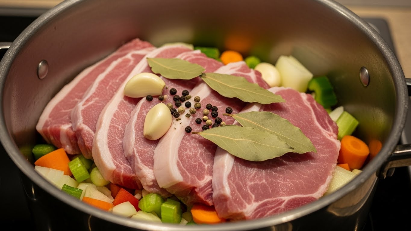 생돼지고기를-냄비-안의-야채-위에-올리고-마늘,-후추,-월계수-잎을-얹었습니다.