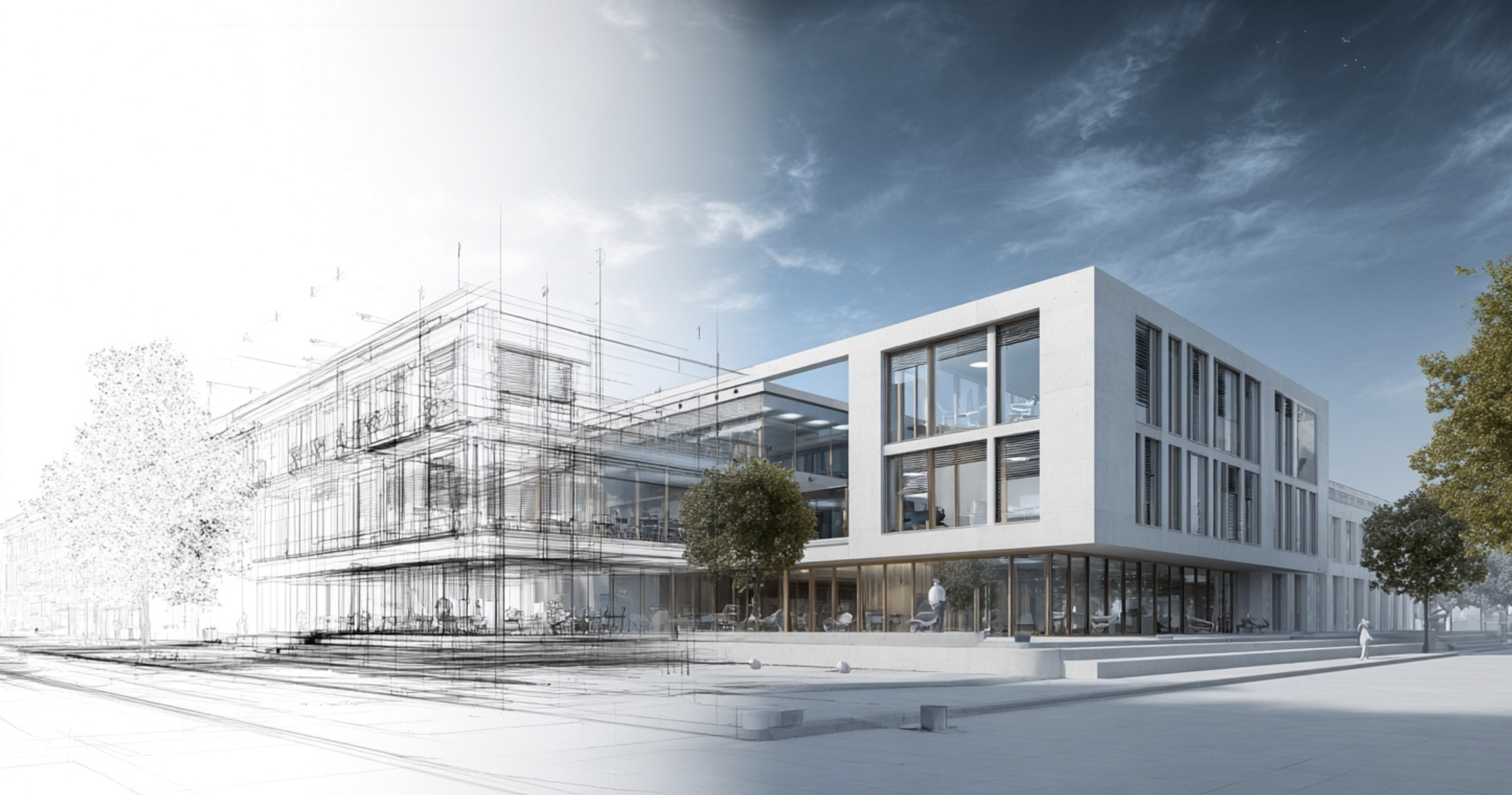 2D 도면에서 3D 렌더링으로 변환되는 과정을 보여주는 현대적인 건축 시각화