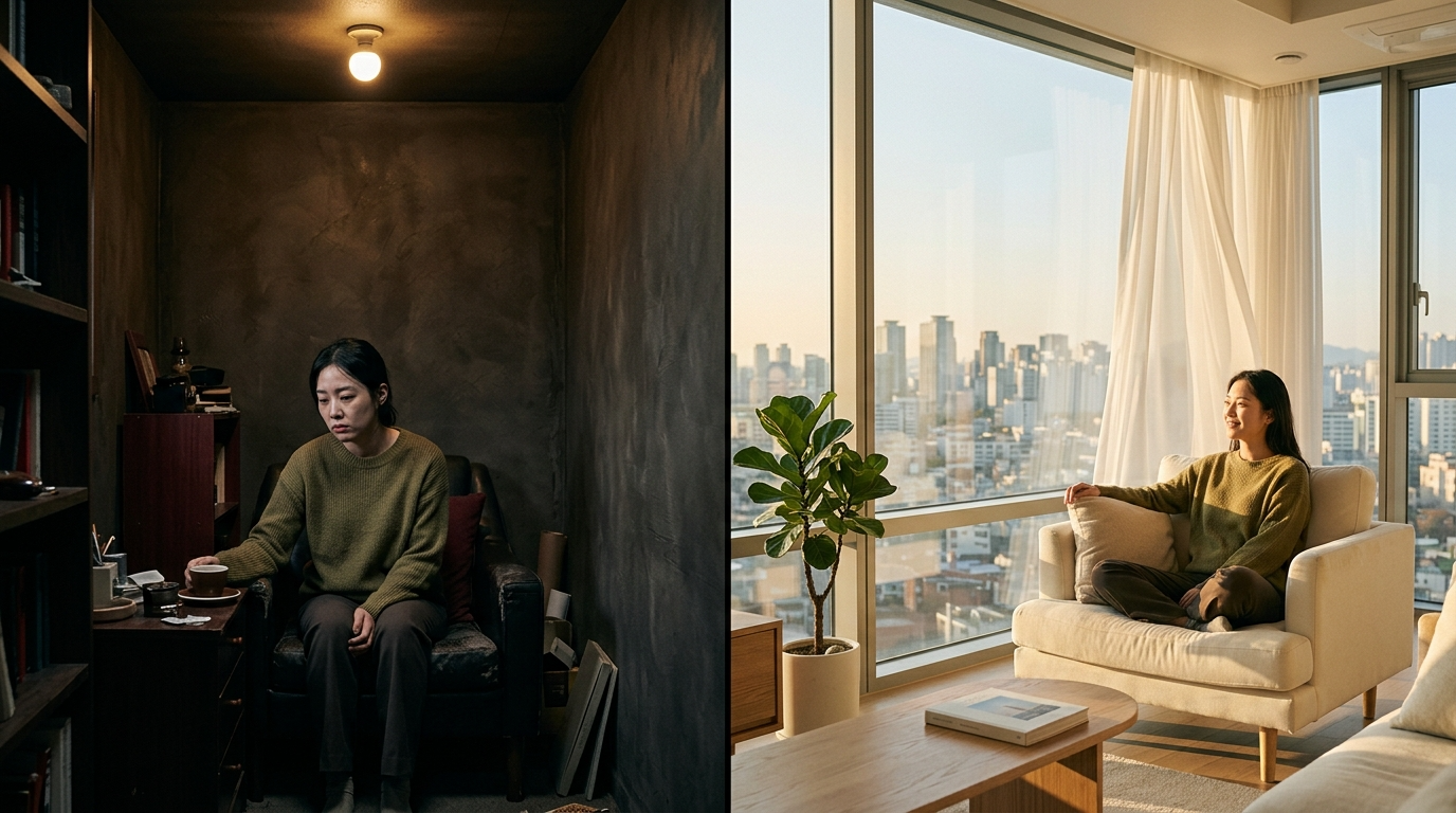 어두운 공간과 창가 공간의 대비