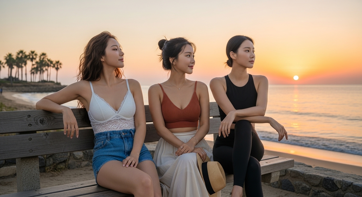 바닷가에서 쉬는 여성들