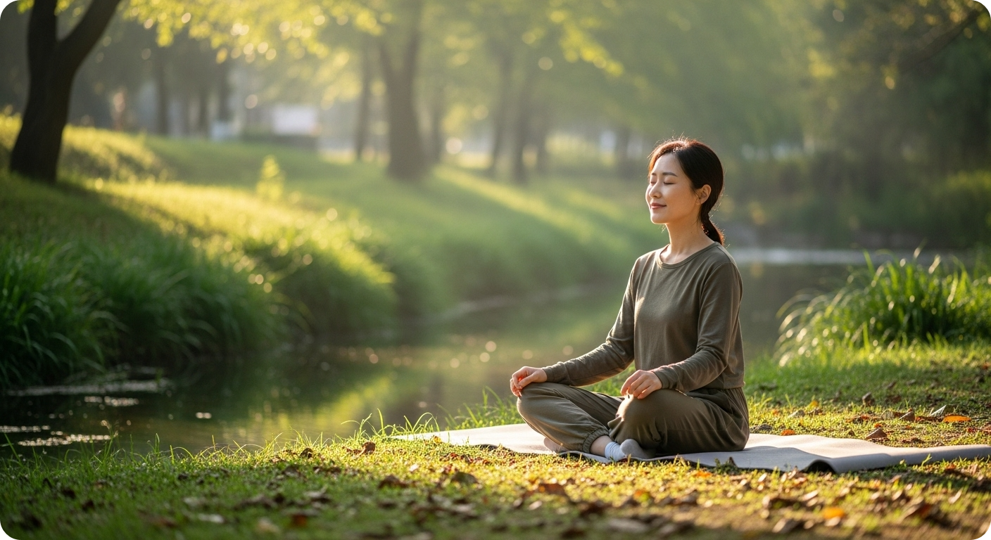 정신적 안정과 건강 관리를 상징하며 평화로운 자연 속에서 명상이나 스트레칭을 하는 모습