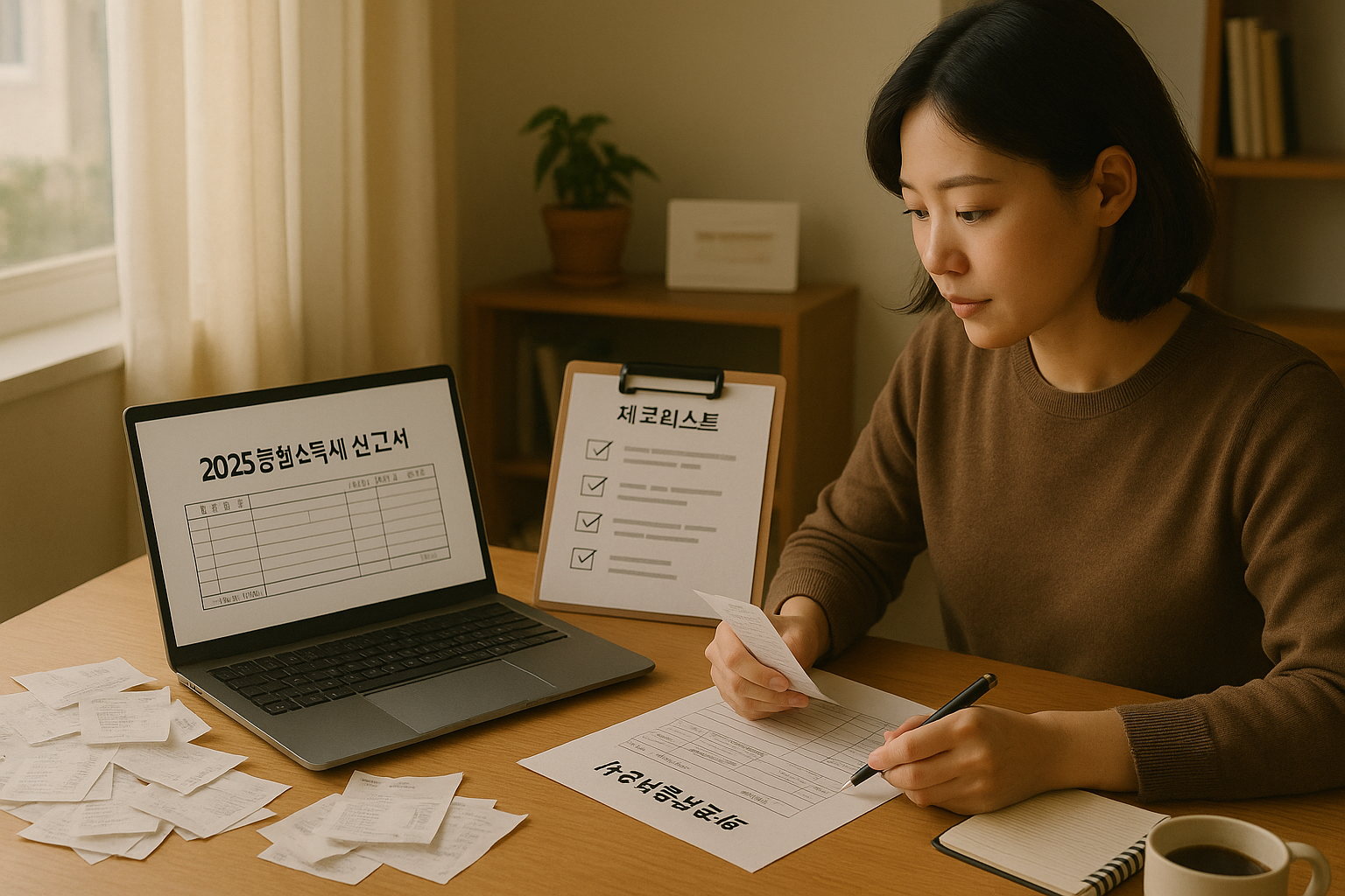 2025년 종합소득세 신고서를 준비하며 영수증과 노트북을 정리하는 프리랜서의 집 내부 장면