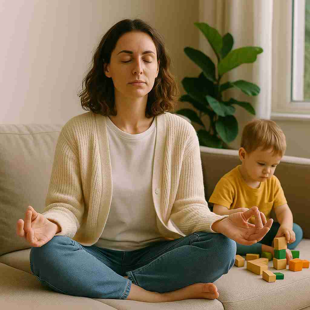 거실 소파에 앉아 명상 중인 엄마와 옆에서 블록 놀이를 하는 어린 아들. 엄마는 눈을 감고 다리를 꼰 채 손가락을 둥글게 말아 명상 자세를 취하고 있고, 아이는 노란 티셔츠를 입고 조용히 나무 블록을 쌓고 있다. 배경에는 커다란 화분과 창문이 보이며, 차분하고 평화로운 분위기가 느껴진다