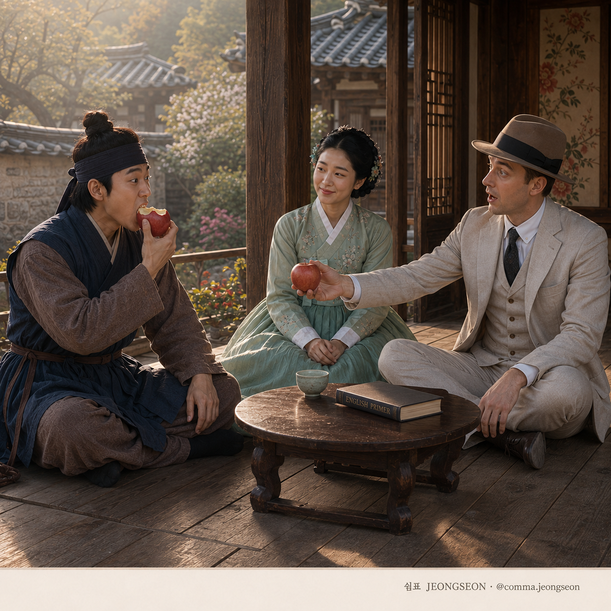 한옥 대청마루에서 외국인 영어 선생이 사과를 내밀며 단어를 가르치는 동안, 윤겸이 뜻을 오해해 사과를 한입 베어 물고 마님이 웃음을 참으며 바라보는 장면