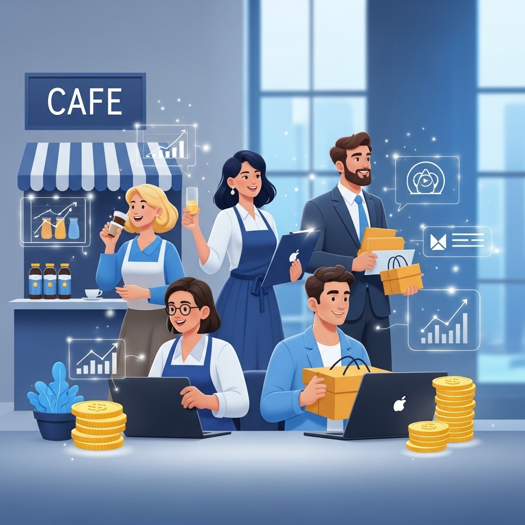 2025년 소상공인 특별지원금을 통해 성공적으로 성장한 다양한 업종의 소상공인들이 활기차게 사업을 운영하는 모습.