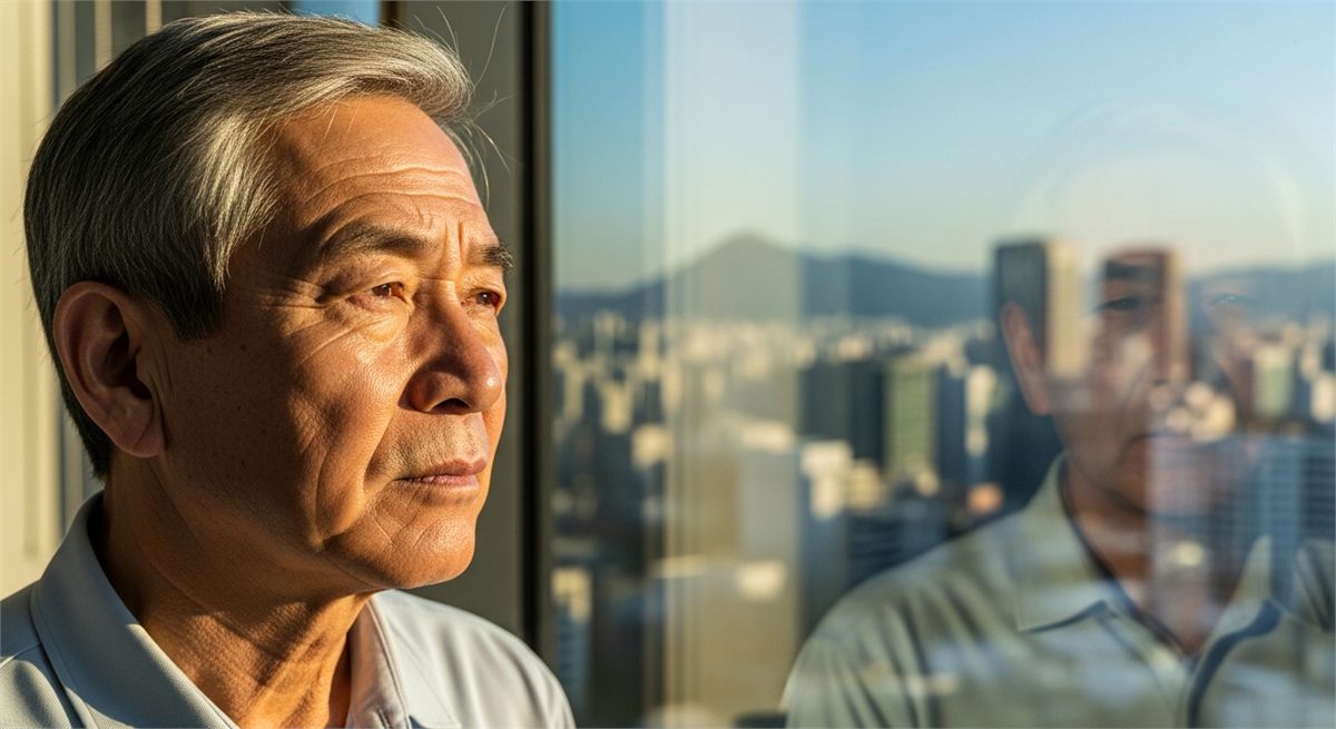 창밖을 보며 정년 이후 경력을 생각하는 중장년 직장인 모습 