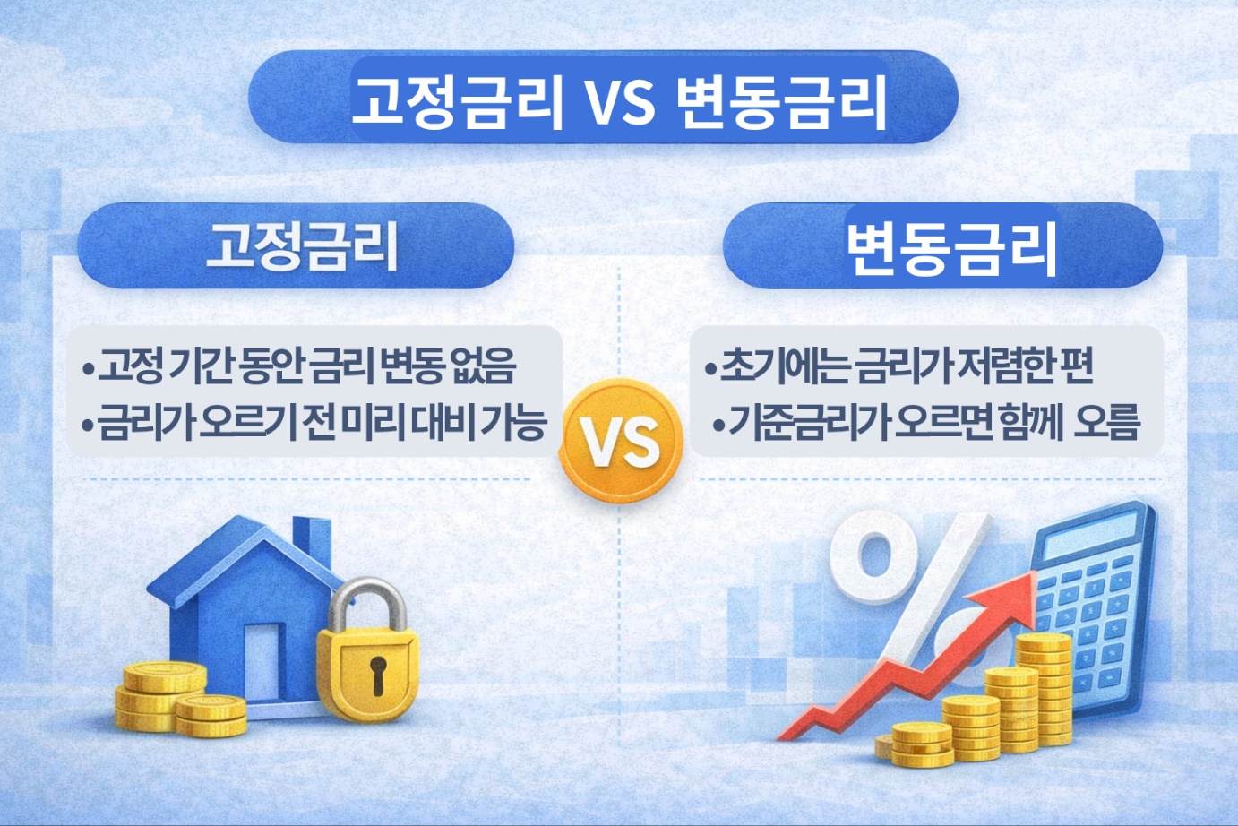 고정금리와 변동금리의 차이를 비교한 인포그래픽으로, 고정금리는 일정 기간 금리가 변하지 않고 변동금리는 기준금리에 따라 함께 오르내리는 구조를 설명한 이미지