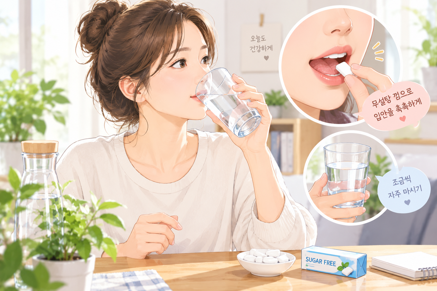 물을 조금씩 자주 마시며 무설탕 끔으로 입안을 촉촉하게 관리한다