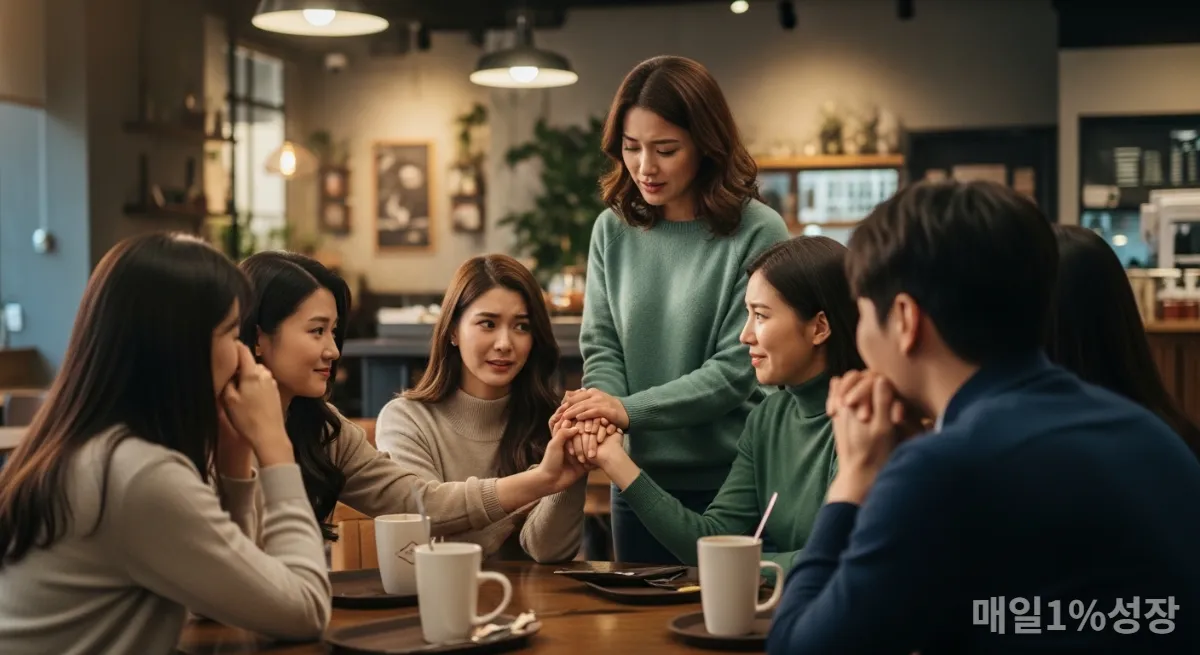 따뜻한 카페에서 서로의 감정을 나누는 젊은 한국인들