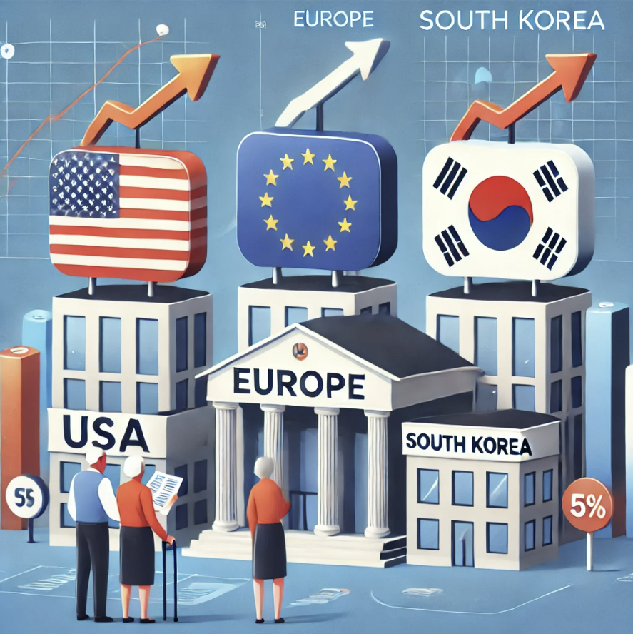 은퇴자 재테크 시 알아야 할 미국, 유럽, 한국의 금리차와 투자 전략을 연상시키는 이미지