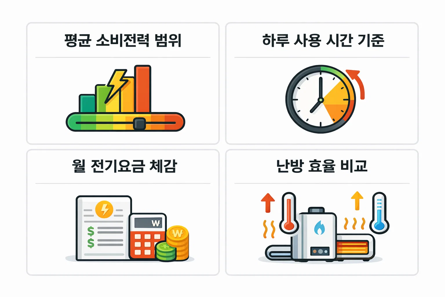 전기히터 평균 소비전력 범위, 하루 사용 시간, 월 전기요금 체감, 난방 효율 비교를 도식화한 이미지