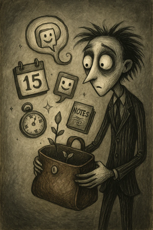 팀 버튼 스타일 일러스트, 기묘한 캐릭터가 가방을 열자 날짜 시계, 감정 말풍선 카드, 노트와 새싹 등이 떠오르는 상징적인 장면