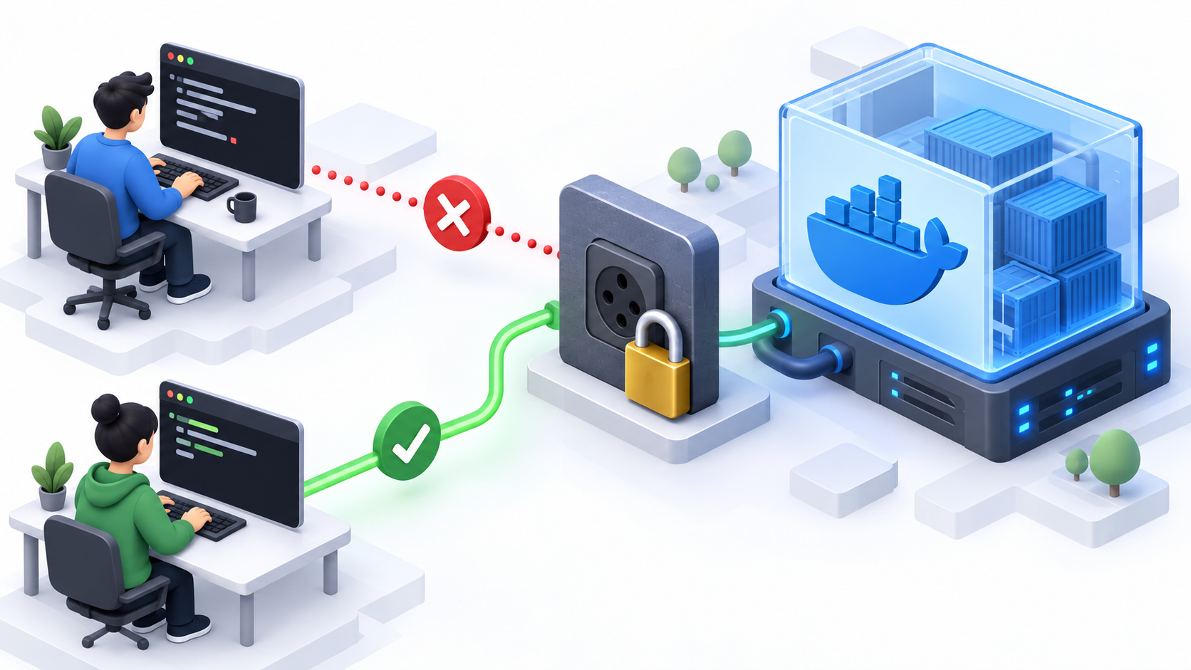 Docker 데몬 소켓 접근이 거부된 경로와 허용된 경로를 비교하는 일러스트