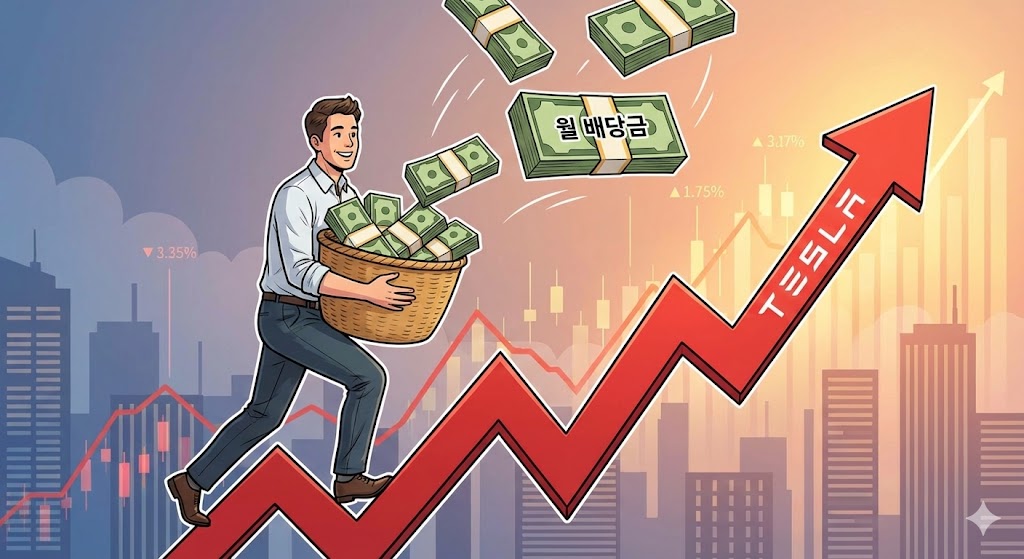 테슬라 주가 그래프가 오르는데, ETF 수익률도 (약간 낮지만) 같이 따라 올라가면서, 주머니에 '배당금'이 계속 들어오는 그림