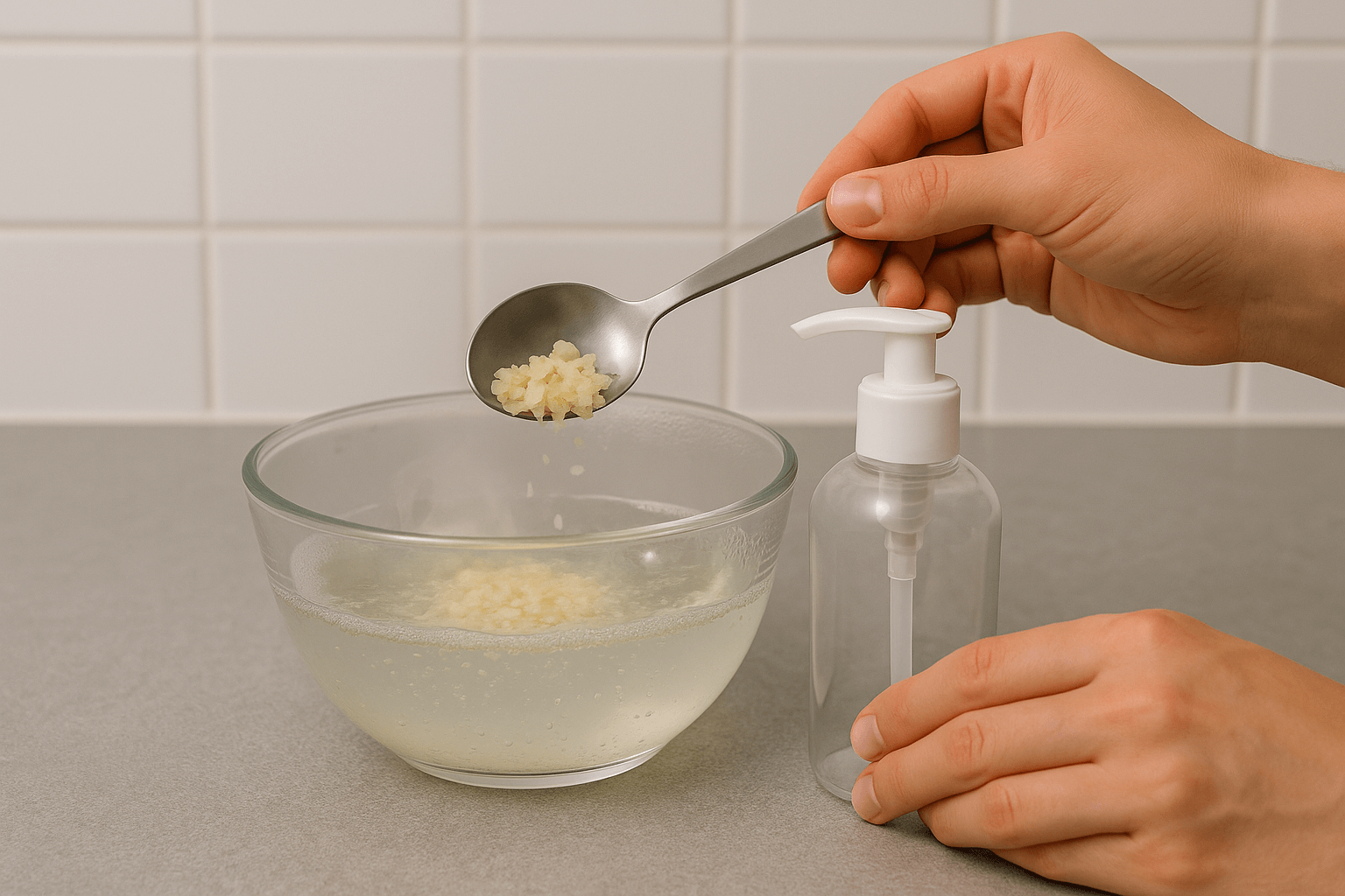 잘게 부순 비누 조각을 뜨거운 물에 녹인 뒤 펌프형 용기에 담기 전 과정의 모습