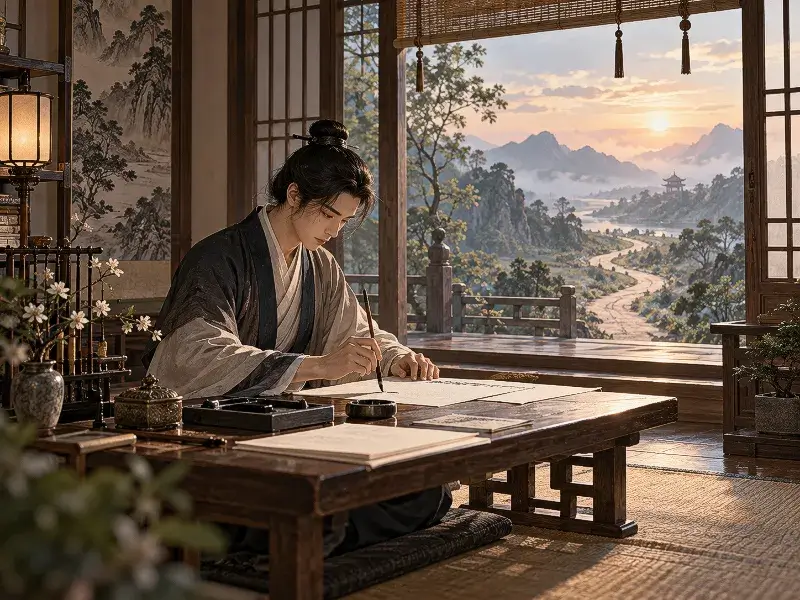 A traditional East Asian scholar practicing calligraphy with a brush at a wooden desk, overlooking a sunlit mountain path through an open window