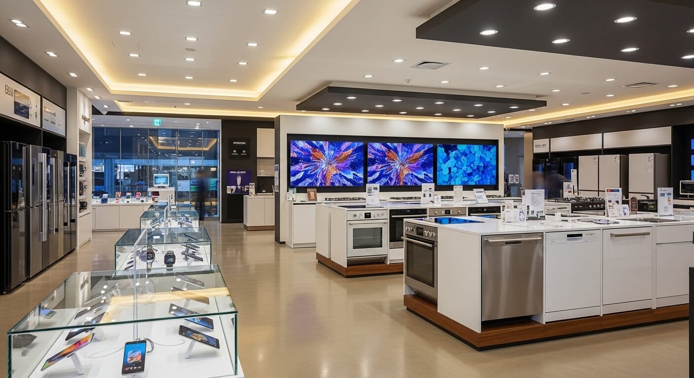 현대식 전자제품 매장의 내부 전경&amp;#44; 냉장고&middot;오븐&middot;세탁기 등 다양한 가전제품 진열
