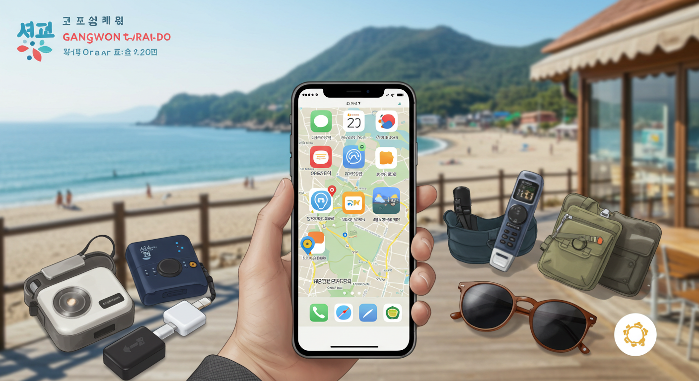 강원도 풍경을 배경으로 여행 앱이 켜진 스마트폰과 준비물.