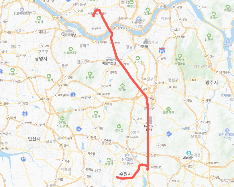 서울-수원-P9110(퇴근)번-버스-노선-지도