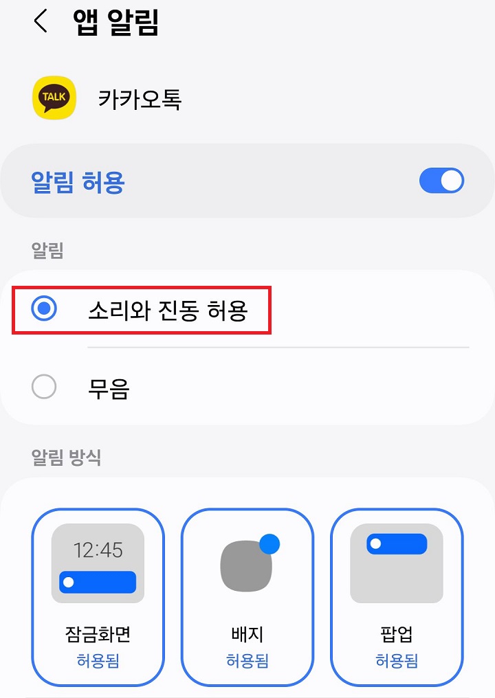 소리와 진동 허용 선택함