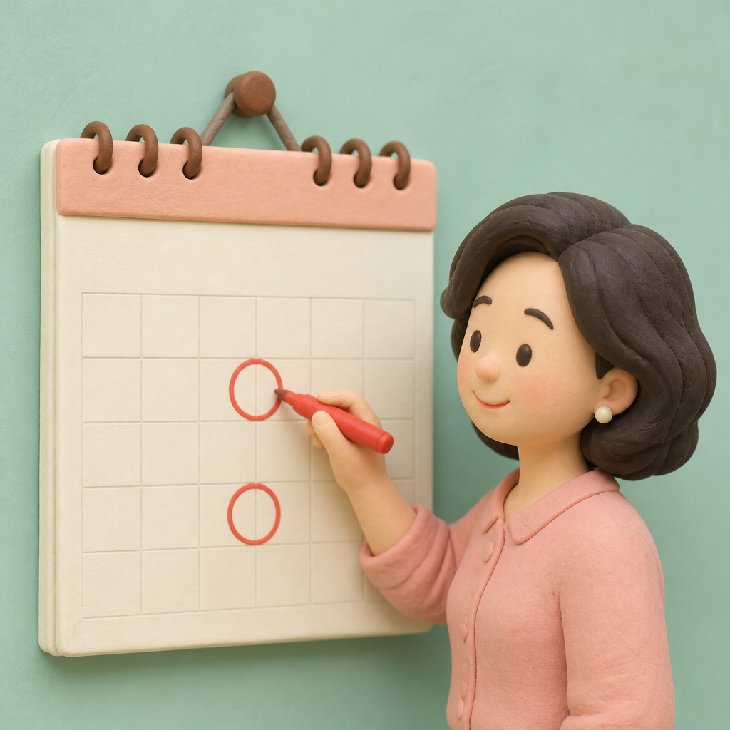벽걸이 달력에 계약 만료일과 두 달 전 날짜를 표시하는 40대 여성