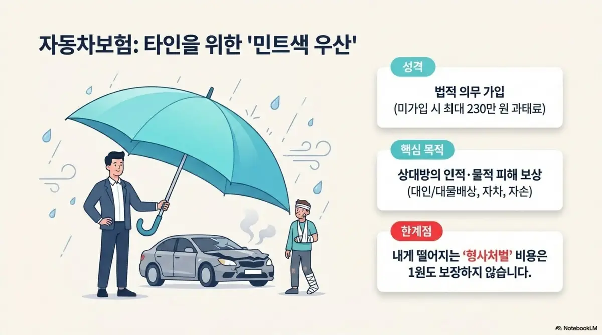 자동차보험 운전자보험 차이: 자동차보험을 타인을 위한 민트색 우산으로 비유한 일러스트 이미지. 법적 의무 가입 성격과 상대방 인적 물적 피해 보상이라는 핵심 목적 그리고 형사처벌 비용은 1원도 보장하지 않는다는 한계점을 카드 형태로 정리하여 자동차보험의 민사적 책임 중심 보장 구조를 설명함