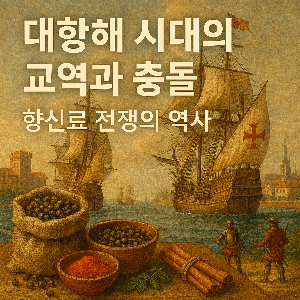 대항해 시대 향신료 전쟁을 상징하는 일러스트 썸네일 – 항해선, 향신료 자루, 유럽 무역항 배경