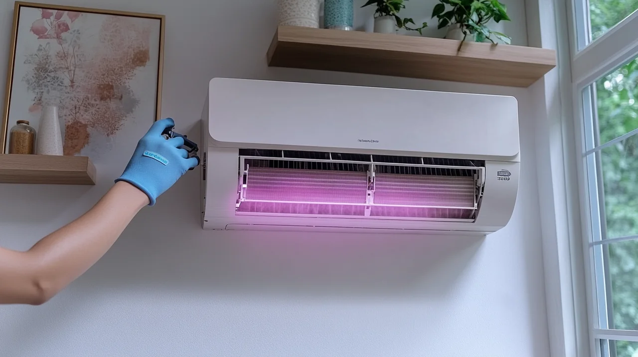 에어컨 필터를 청소하며 최적의 성능을 유지하려는 관리 장면, 국제적 건축 디테일이 담긴 집에서 신선한 공기를 제공합니다.