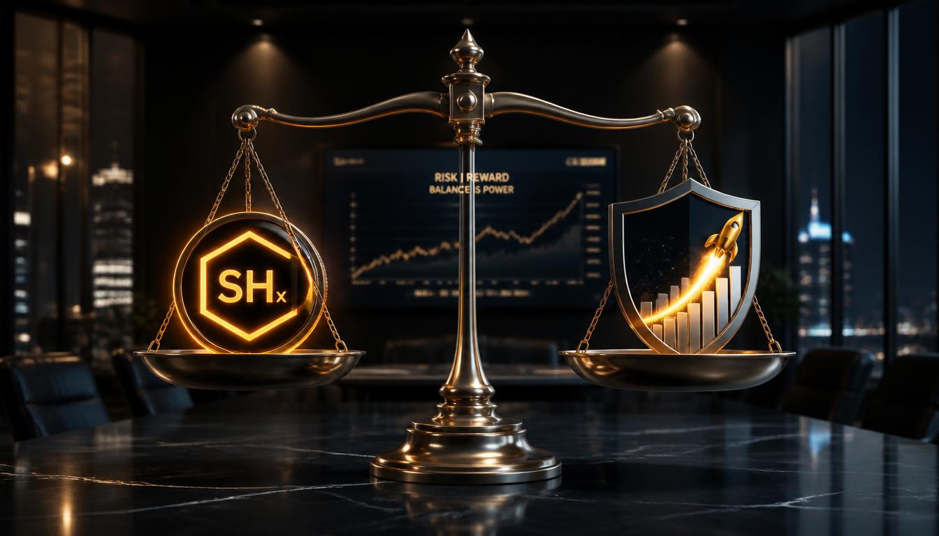A 3D illustration of a balance scale weighing financial growth rockets and risk shields for SHx token investment.