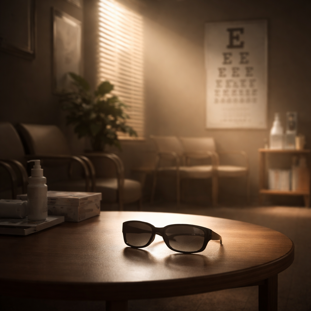 결막염에서 통증이나 빛 민감 등 위험 신호가 있을 때 진료가 필요함을 상징하는 이미지