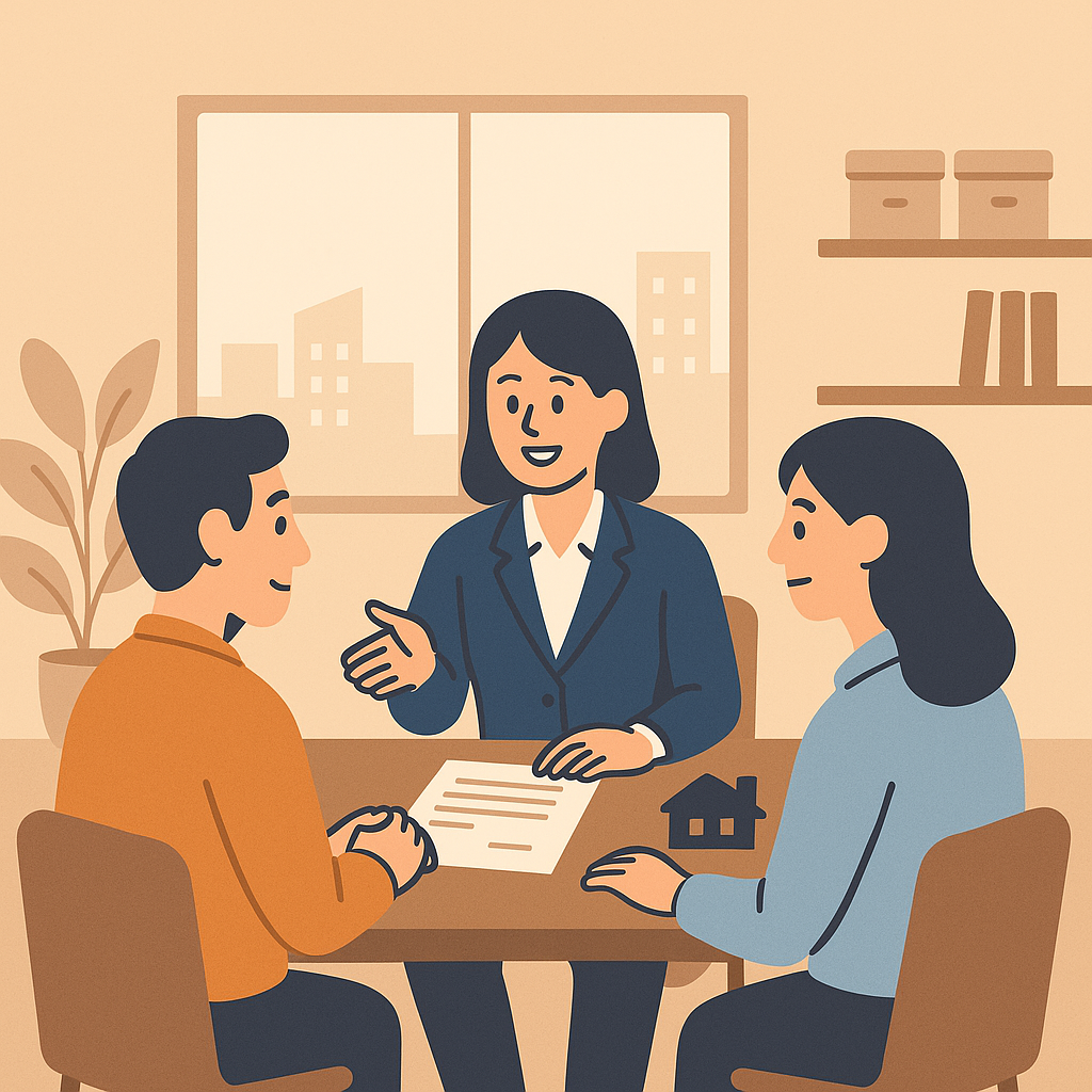사무실 책상에 앉은 프로페셔널 복장의 여성 공인중개사가 서류를 가리키며 남성 매수자와 여성 매도자와 상담하는 모습이 보이고, 창문 너머 도시 경관과 책장, 화분이 배경으로 배치된 평면 벡터 스타일 일러스트입니다.